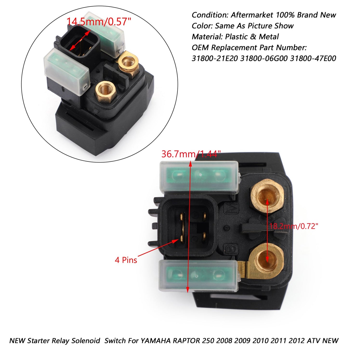 Starter Relay Solenoid FITS YAMAHA RAPTOR 250 2008 2009 2010 2011 2012 ATV NEW