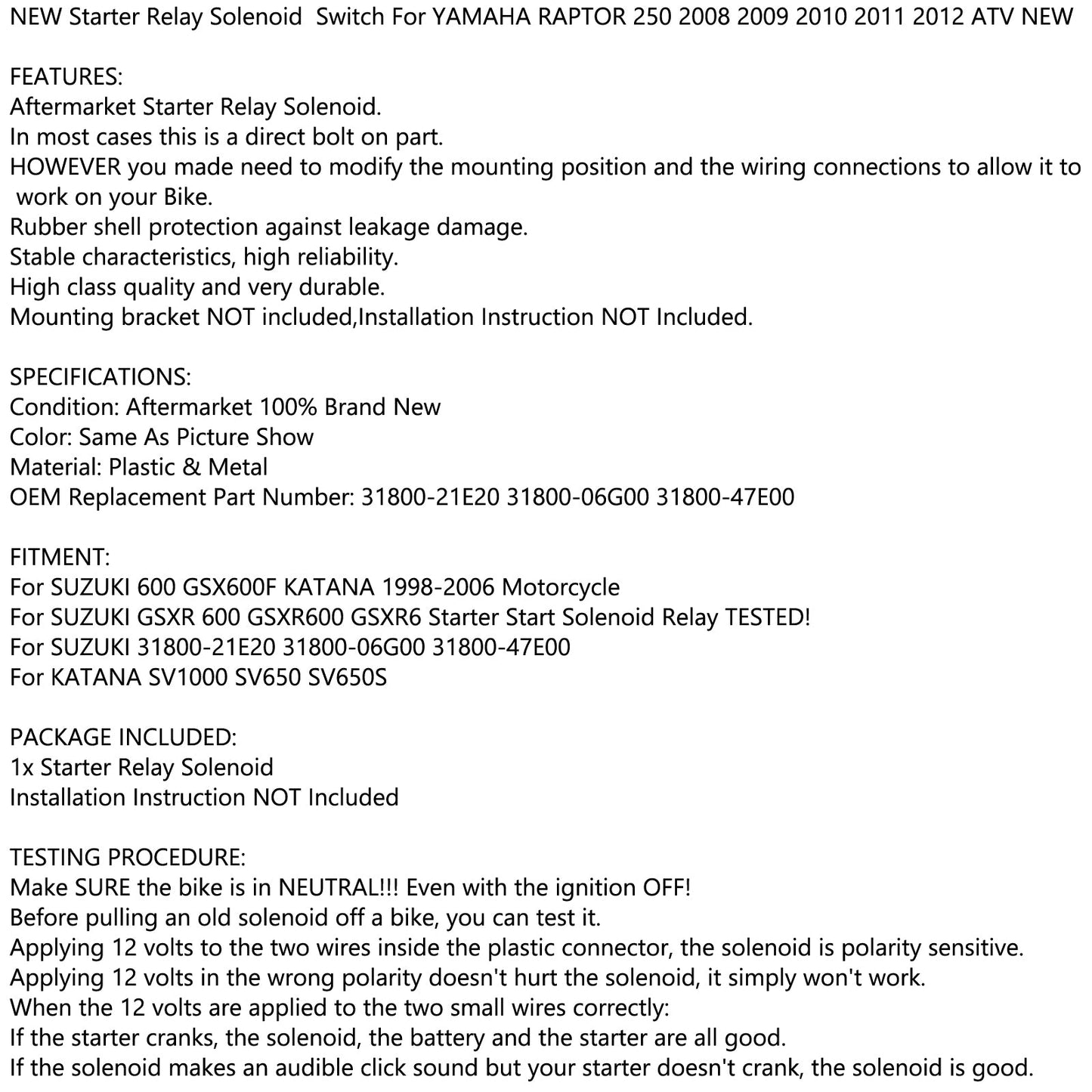 Starter Relay Solenoid FITS YAMAHA RAPTOR 250 2008 2009 2010 2011 2012 ATV NEW