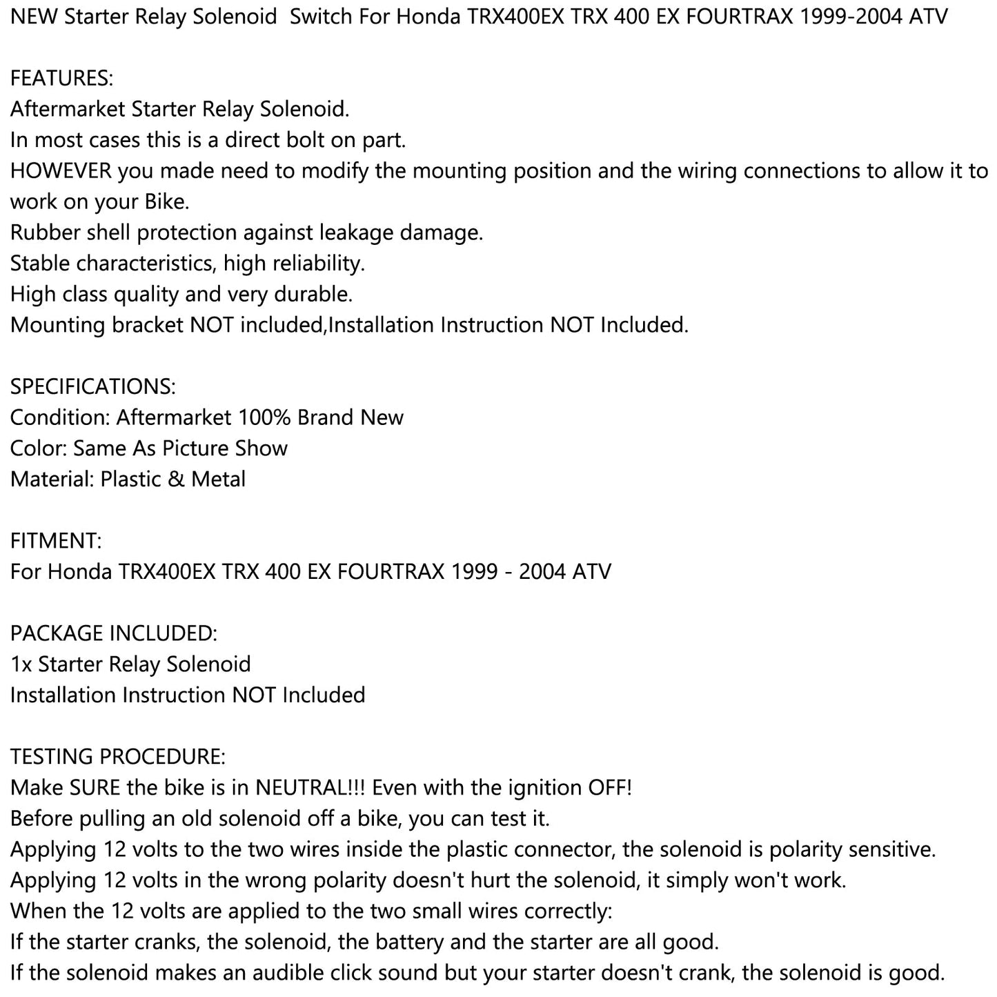Starter Relay Solenoid Fits Honda TRX400EX TRX 400 EX FOURTRAX 1999-2004 ATV NEW