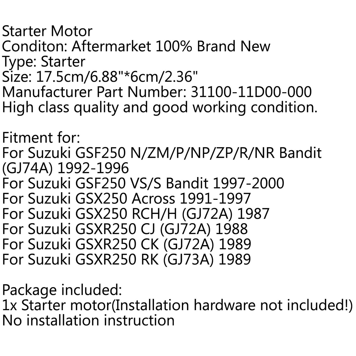 Motor Starter For Suzuki GSF250 VS/S Bandit GSX250 GSXR250 CJ CK RK (GJ72A)