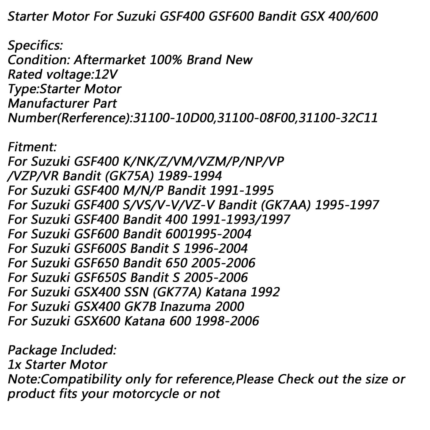 Suzuki GSF400 GSF600 GSF600S Bandit GSX 400/600 Starter Motor