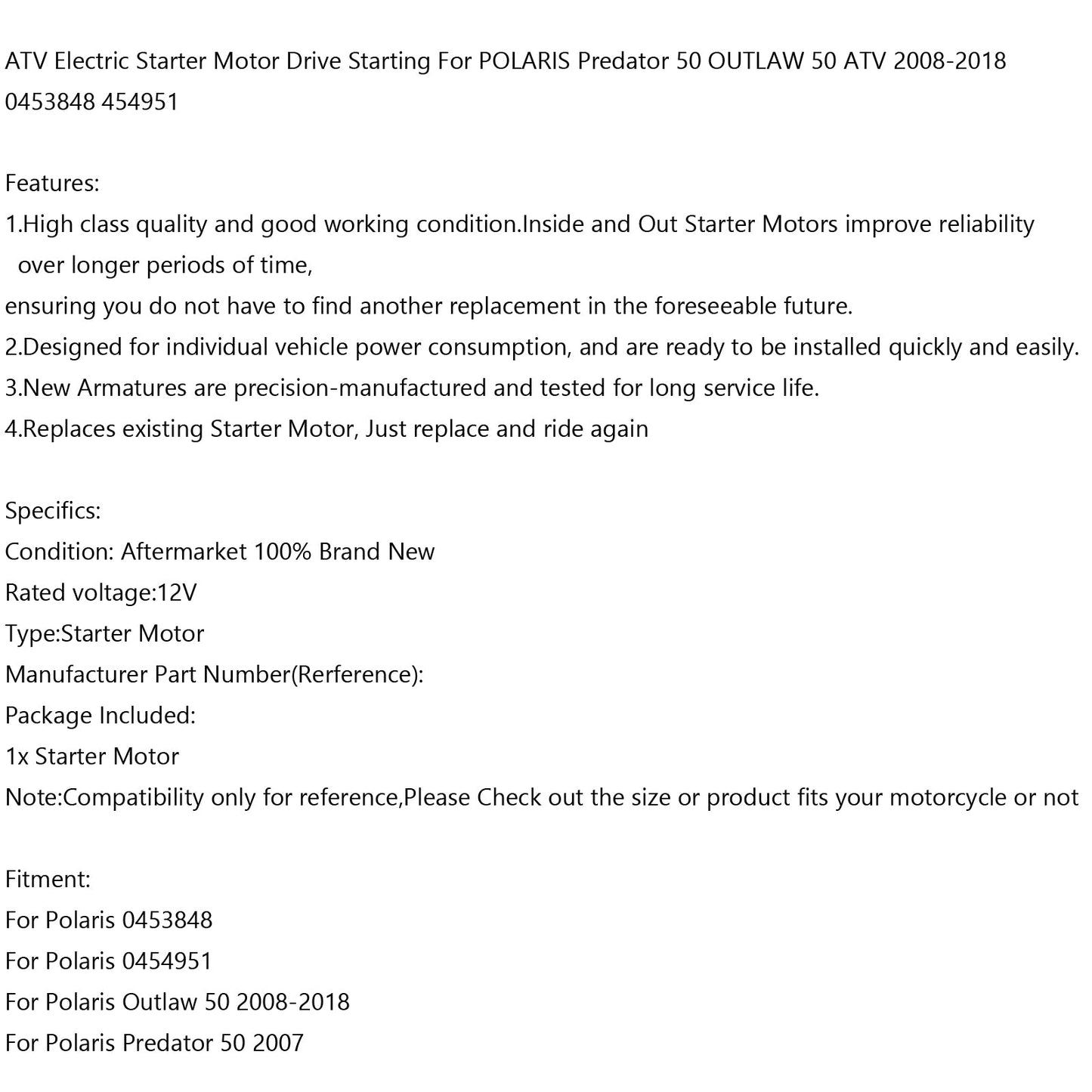 ATV Starter Motor For POLARIS Predator 50 OUTLAW 50 ATV 2008-2018 0453848 454951