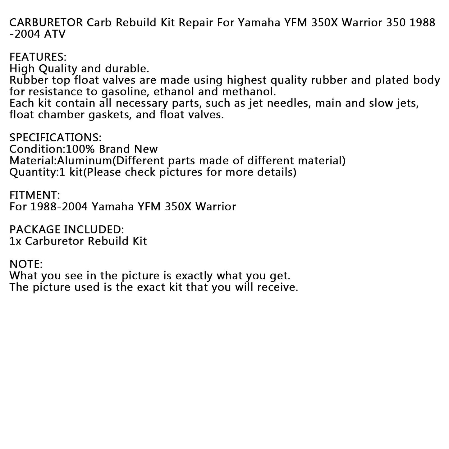 Carburetor Carb Rebuild Repair Kit For Yamaha YFM 350X Warrior 350 1988-2004 ATV