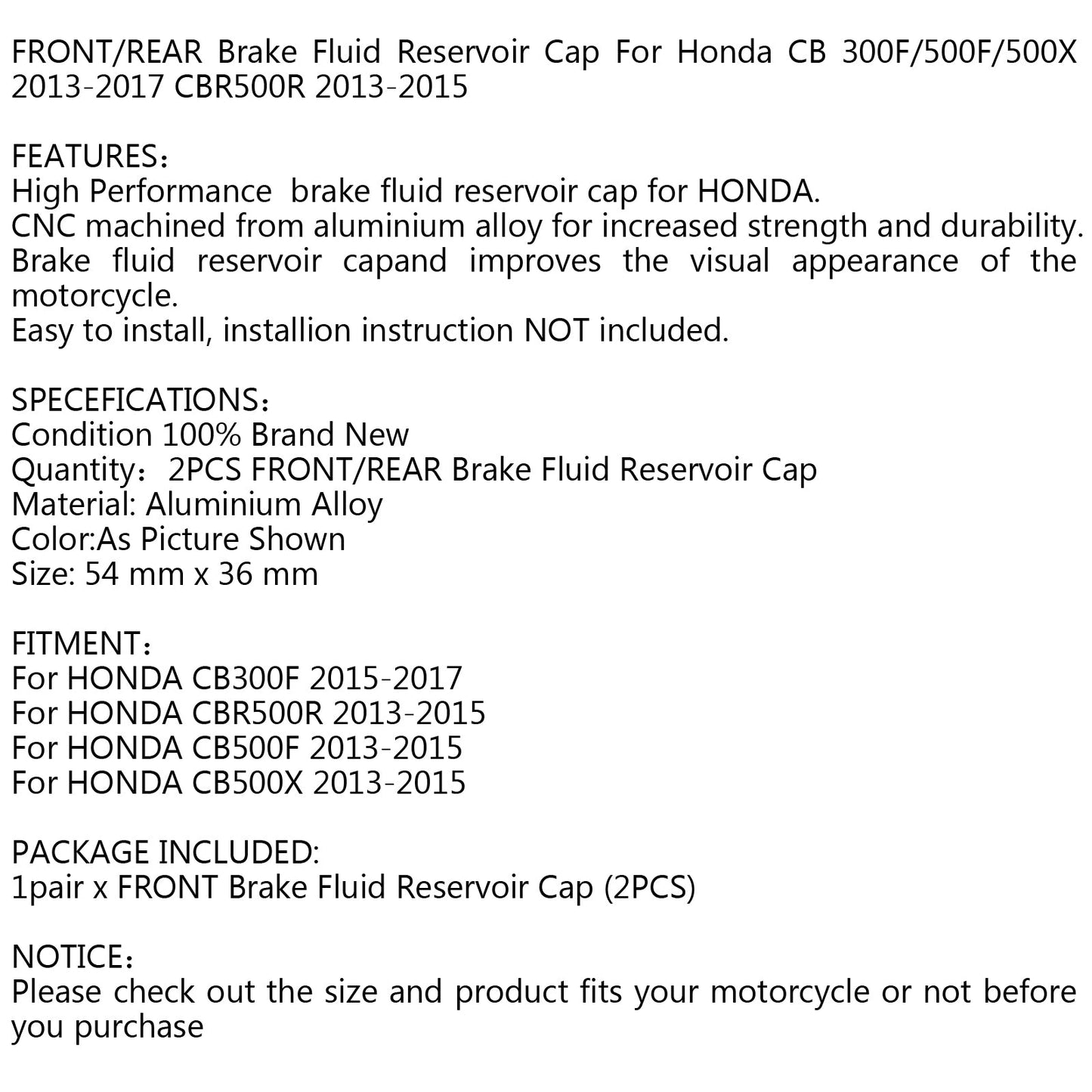 Front Rear Brake Fluid Reservoir Cap For Honda CBR500R CB500F/X CB300F 13-17 Generic