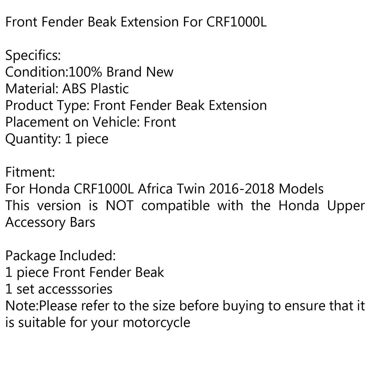 High Front Fender Beak Extension No Bar For Honda CRF1000L Africa Twin 2016-2019