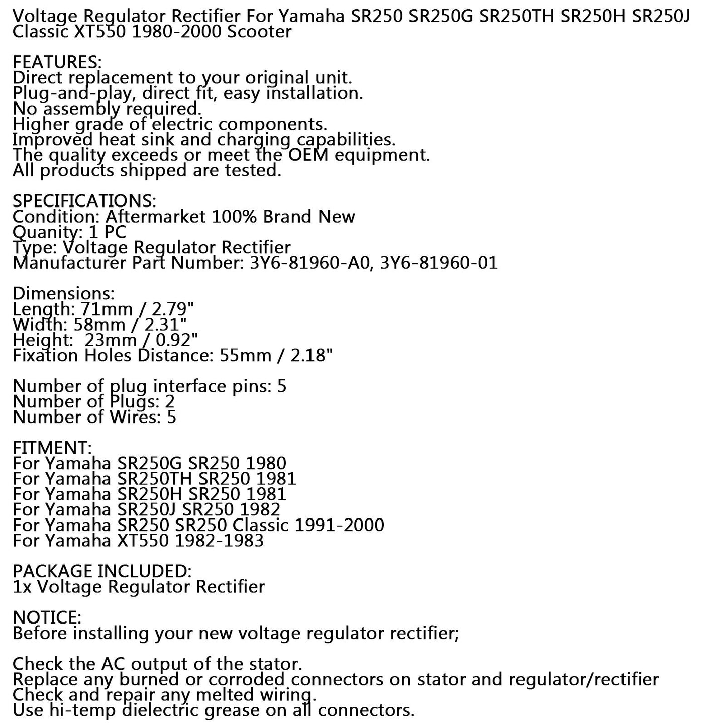 Voltage Rectifier Regulator For Yamaha SR250 G/H/T Exciter 250 80-00 XT550 82-83