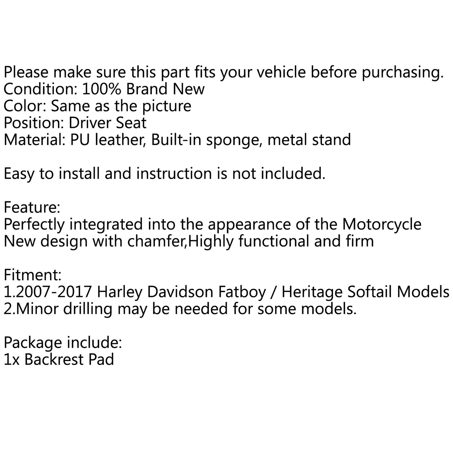 Adjustable Driver Rider Backrest Pad For 07-17 Harley Fatboy Heritage Softail Generic