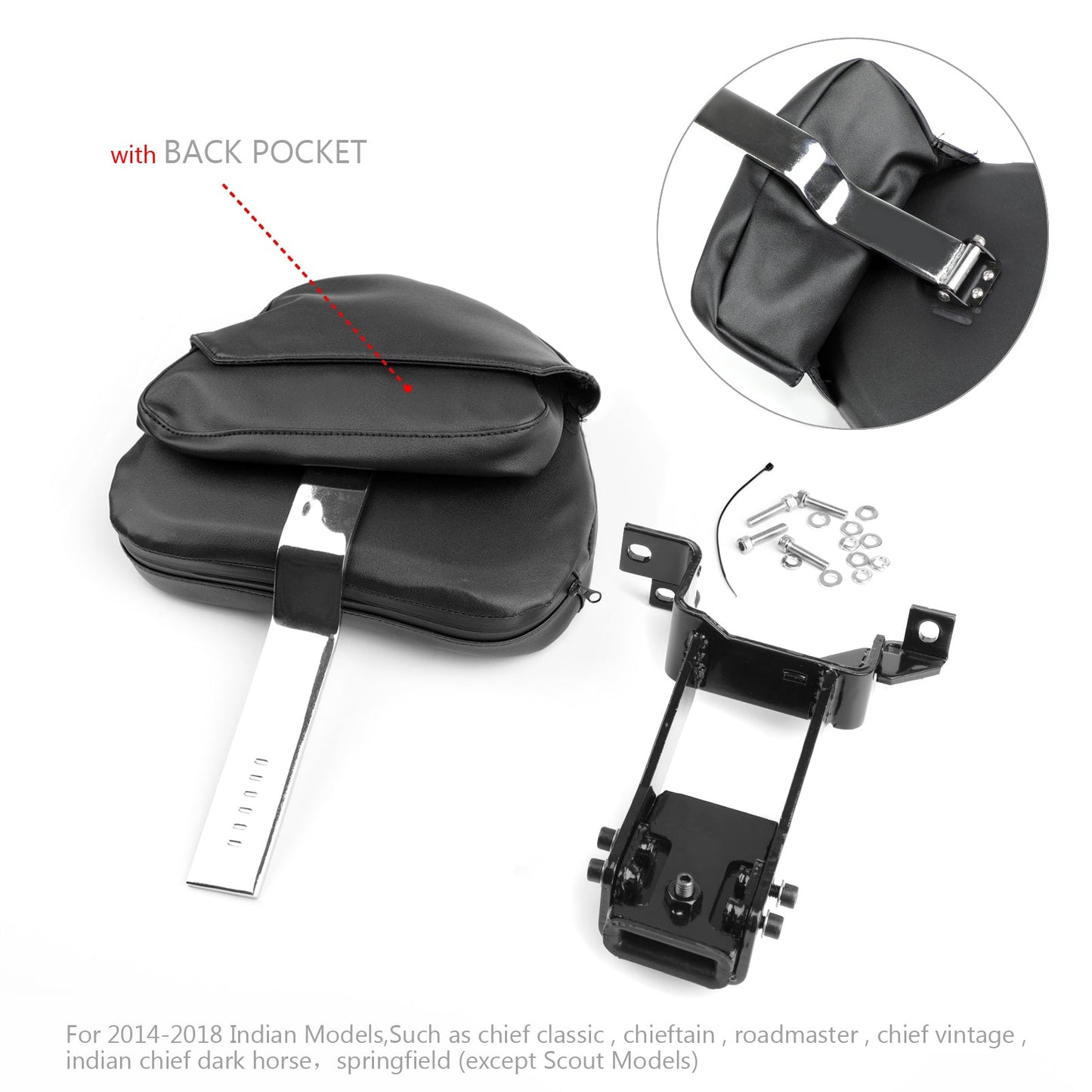 Plug-In Driver Backrest + Mounting Kit For Indian Chieftain Roadmaster 14-18 BLK Generic