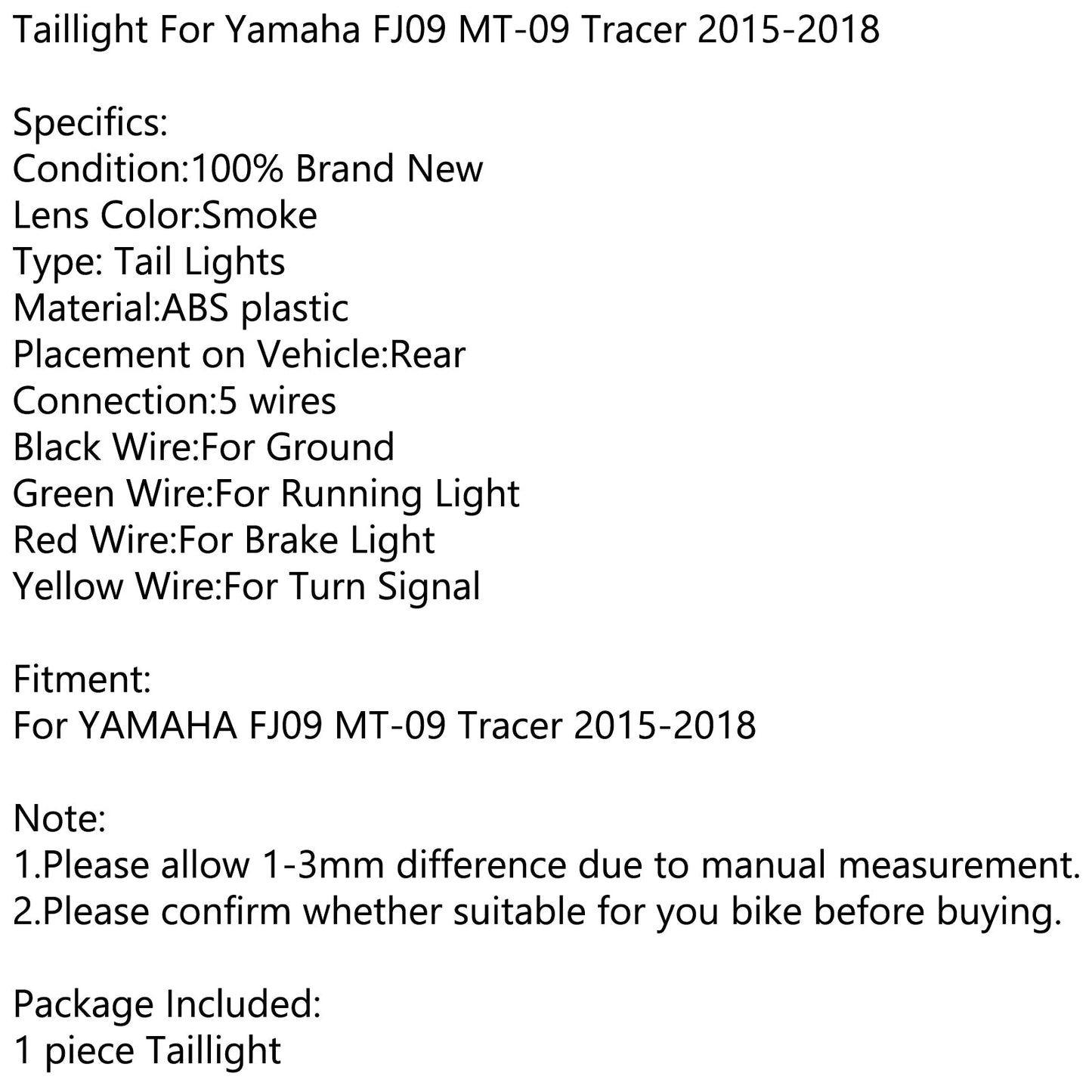 2015-2018 YAMAHA FJ09 Tracer 900 Moto LED Brake Running Tail Light Smoke