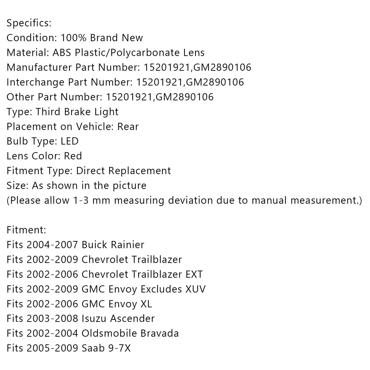 3rd Brake Light High Mount Stop Light Assembly For Trailblazer Envoy Bravada