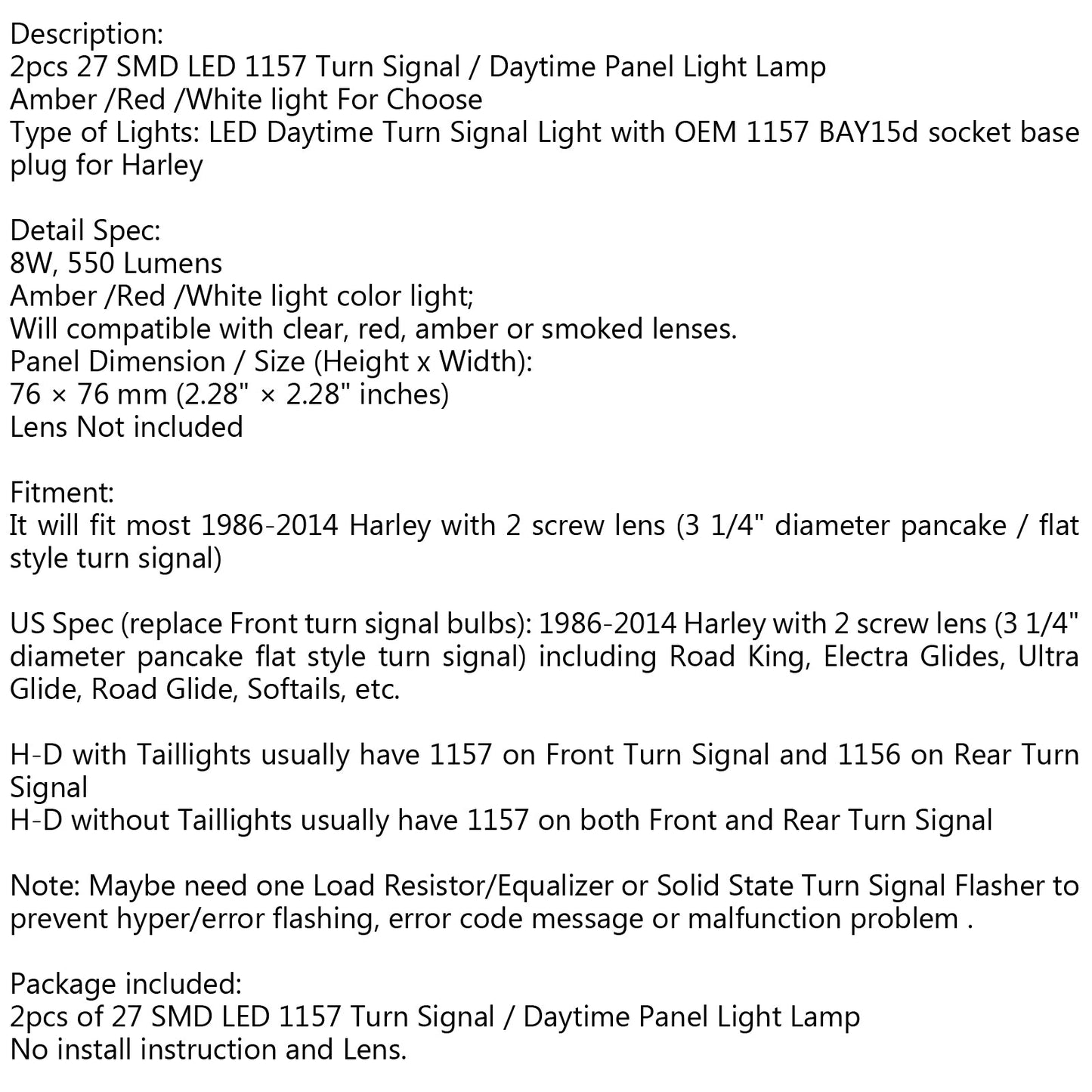 2x 1157 LED Daytime Turn Signal Panel Light DRL BAY15d Bulb Amber For Harley