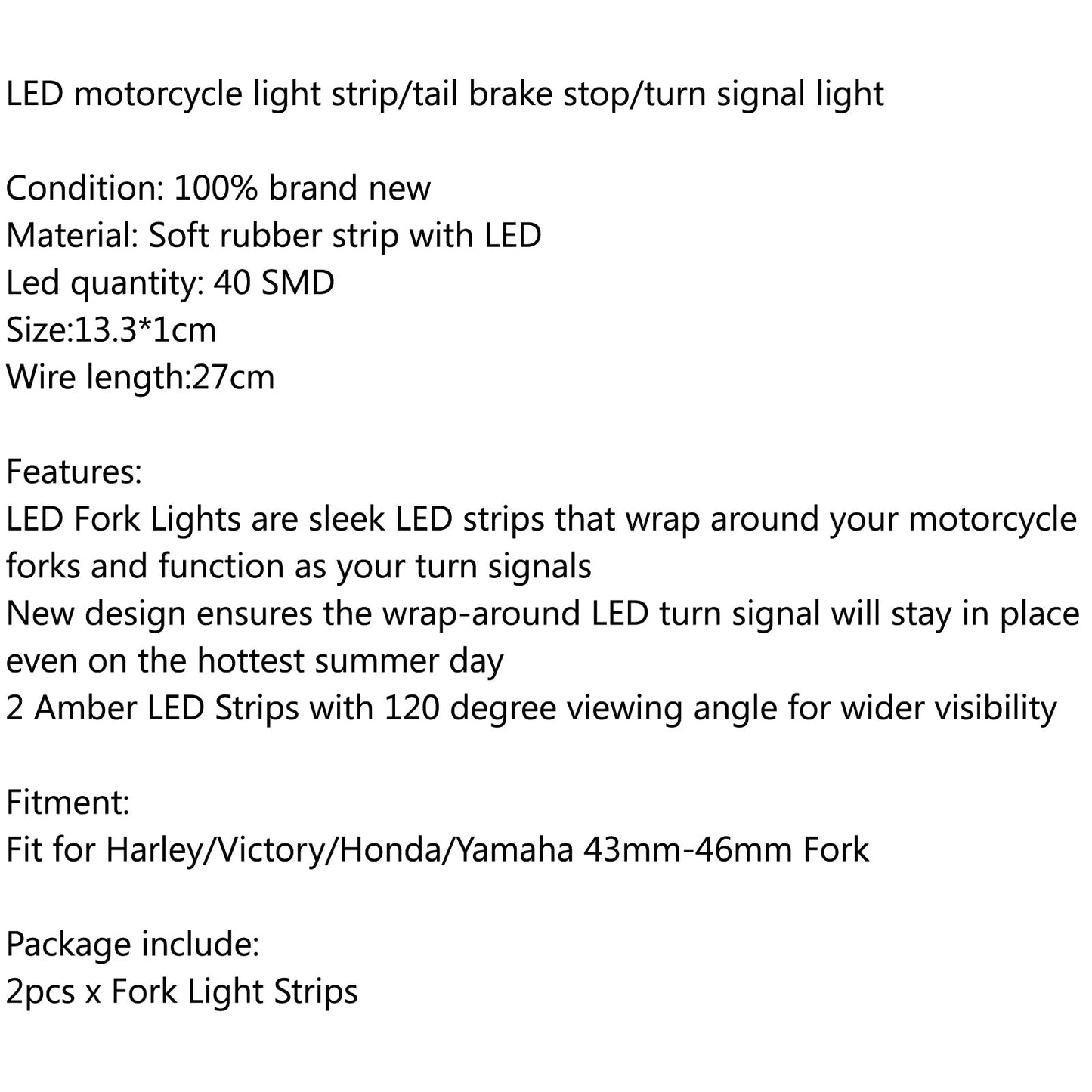 43mm-46mm Fork LED Turn Signal Strip Amber Light Kit For Harley Victory Honda