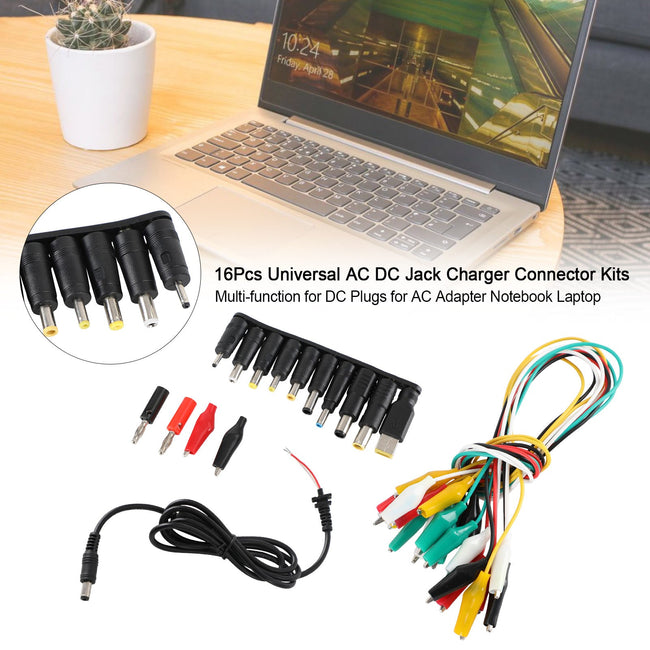 16 Pcs Universal Laptop DC Power Supply Adapter Connector Power with Cable