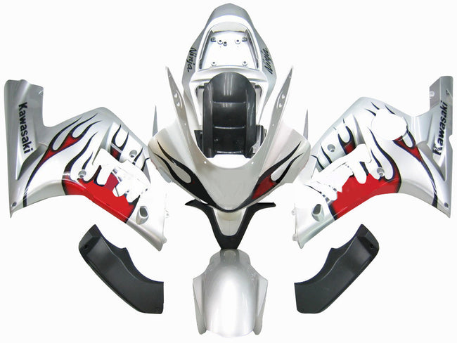 2003-2004 Kawasaki ZX6R 636 Amotopart Fairings Silver & Red Flame Ninja Racing