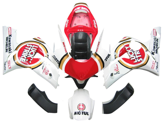 2003-2004 Kawasaki ZX6R 636 Amotopart Fairings White Red Lucky Strike Ninja Racing