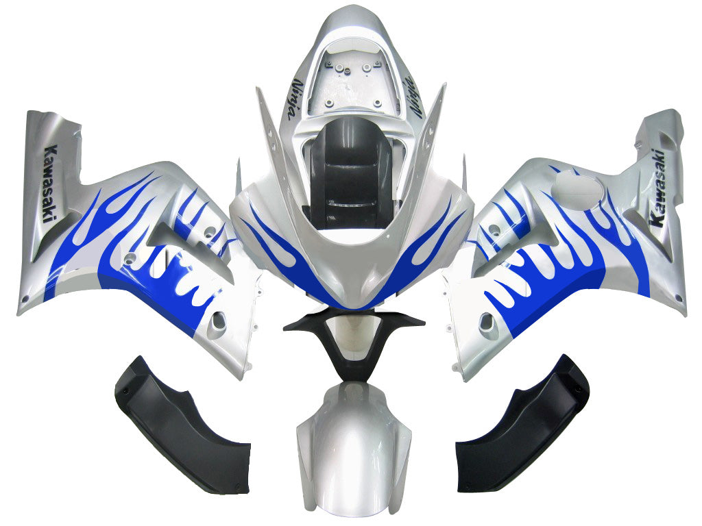 2003-2004 Kawasaki ZX6R 636 Amotopart Fairings Silver & Blue Flame Ninja Racing