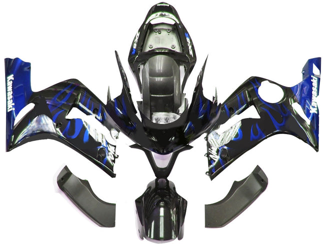 2003-2004 Kawasaki ZX6R 636 Amotopart Fairings Black & Blue Flame Ninja Racing