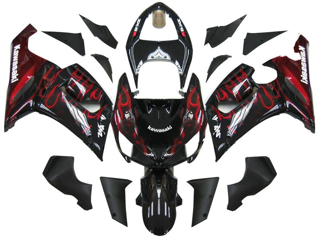 2005-2006 Kawasaki ZX6R 636 Amotopart Fairings Black & Red Flame Ninja Racing Customs Fairing