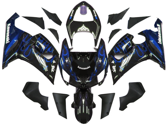 2005-2006 Kawasaki ZX6R 636 Amotopart Fairings Black & Blue Flame Ninja Racing Customs Fairing