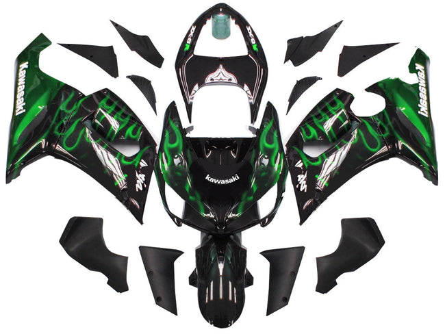 2005-2006 Kawasaki ZX6R 636 Amotopart Fairings Black & Green Flame Ninja Racing Customs Fairing