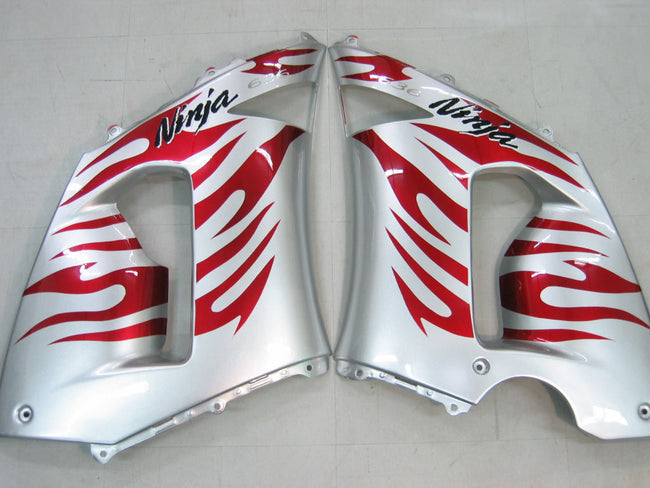 2005-2006 Kawasaki ZX6R 636 Amotopart Fairings Silver & Red Flame Ninja Racing Customs Fairing