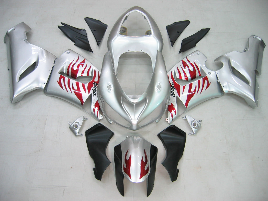 2005-2006 Kawasaki ZX6R 636 Amotopart Fairings Silver & Red Flame Ninja Racing Customs Fairing