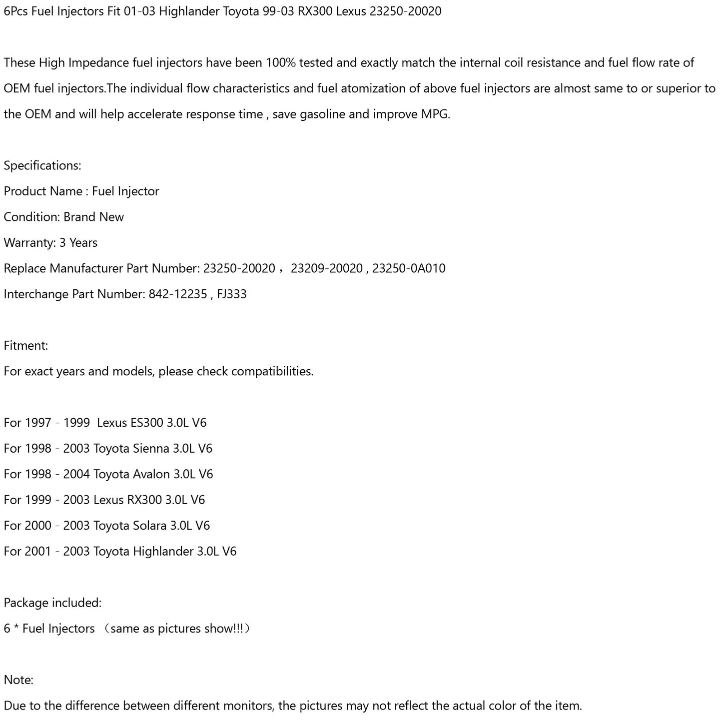 6PCS Fuel Injectors 23250-20020 Fit Highlander Toyota 2001-03 Fit Lexus RX300