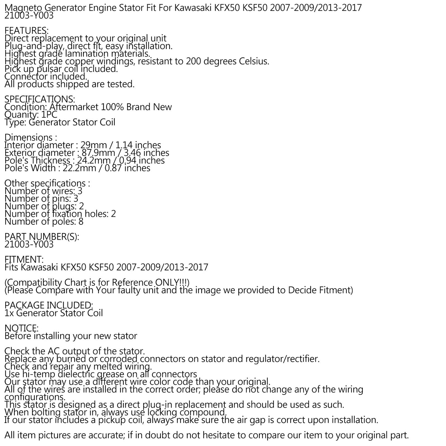 Stator Magneto Generator for Kawasaki KFX50 KSF50 ATV 2007-2017 # 21003-Y003