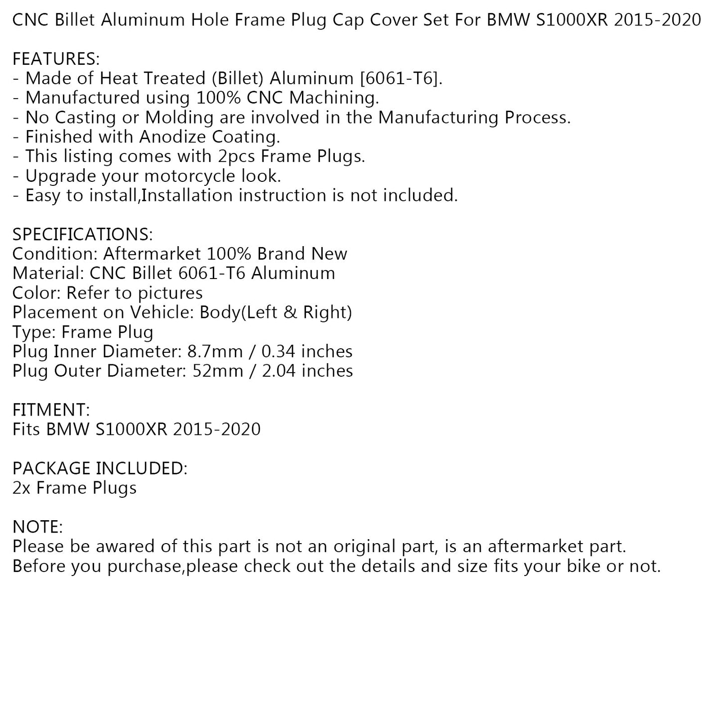 CNC Billet Aluminum Hole Frame Plug Cap Cover Set For BMW S1000XR 2015-2020 BLK