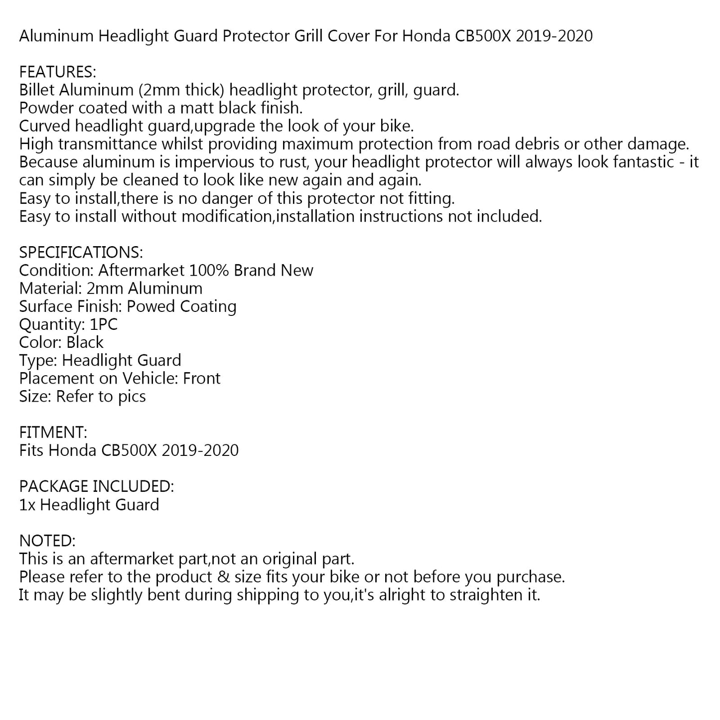 Aluminum Headlight Guard Cover Protector Black for Honda CB500X 2019-2020
