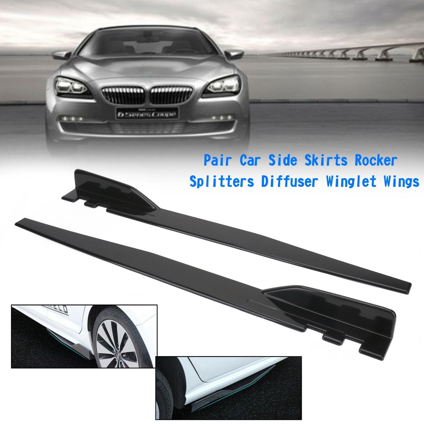 Pair 120cm Car Gloss Black Side Skirts Rocker Splitters Diffuser Winglet Wings