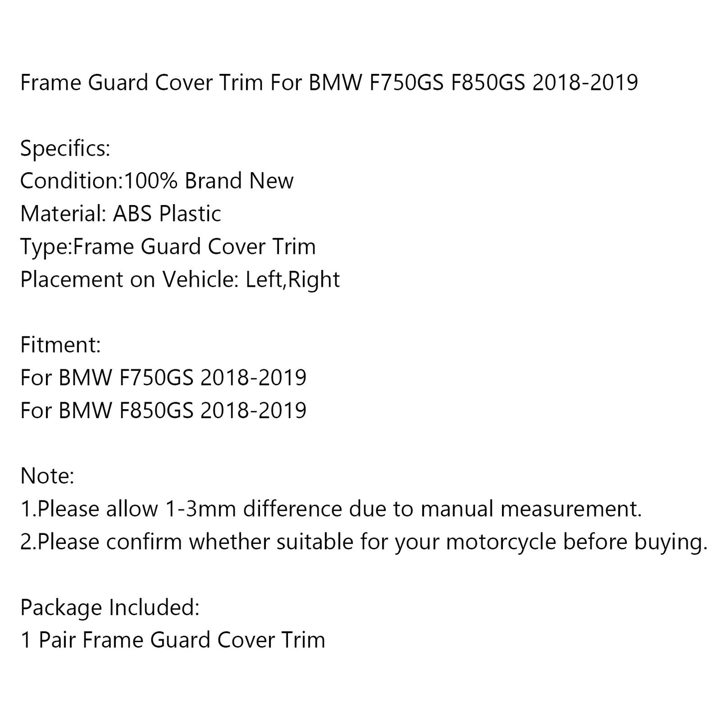 Frame Guard Cover Trim For BMW F750GS F850GS 2018-2019 BLK