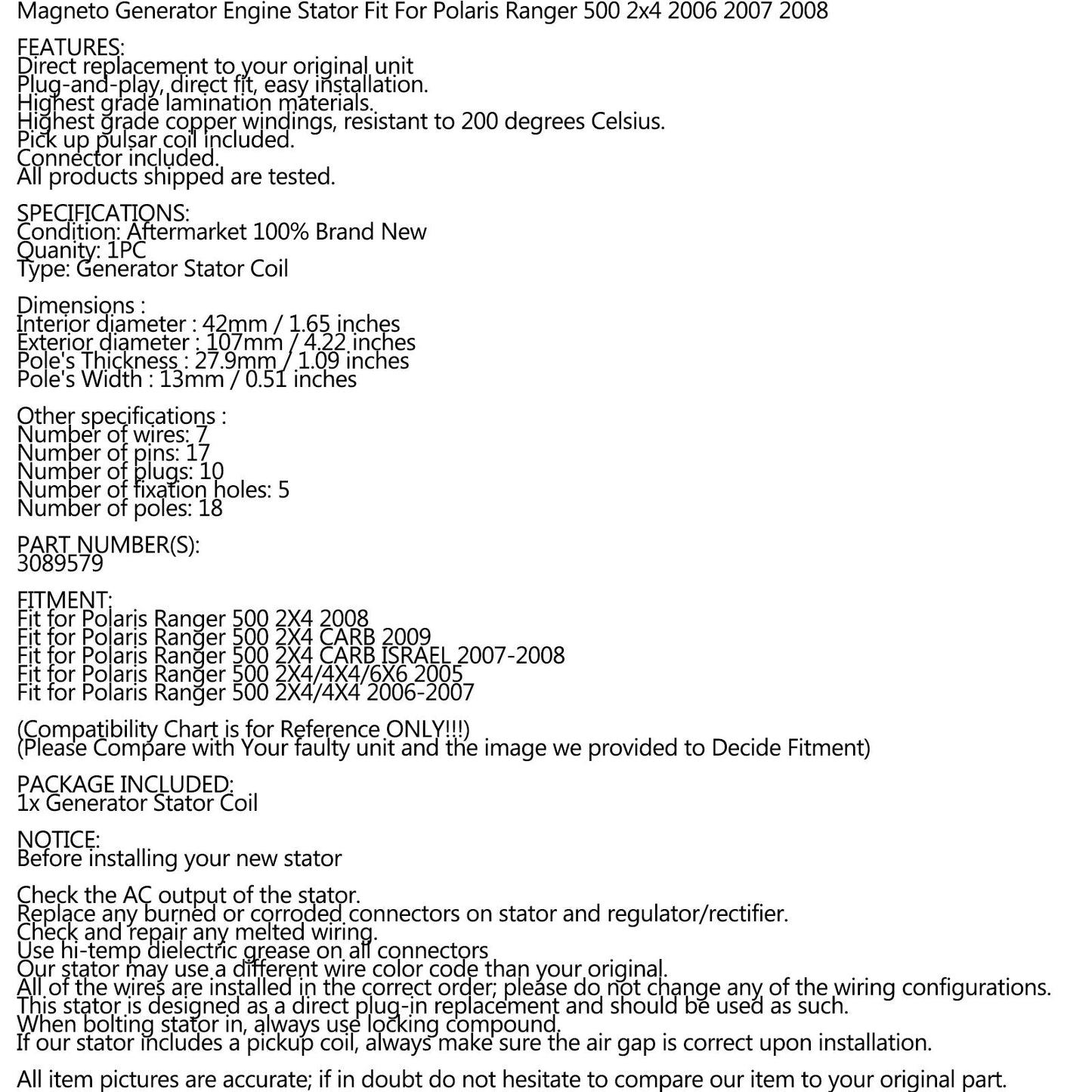 Magneto Stator Generator Fit for Polaris 500 Sportsman Ranger 2005-2009 3089579