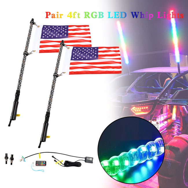 2X 4ft RGB LED APP Whip Lights Antenna W/ Flag Remote Control For Polaris UTV ATV