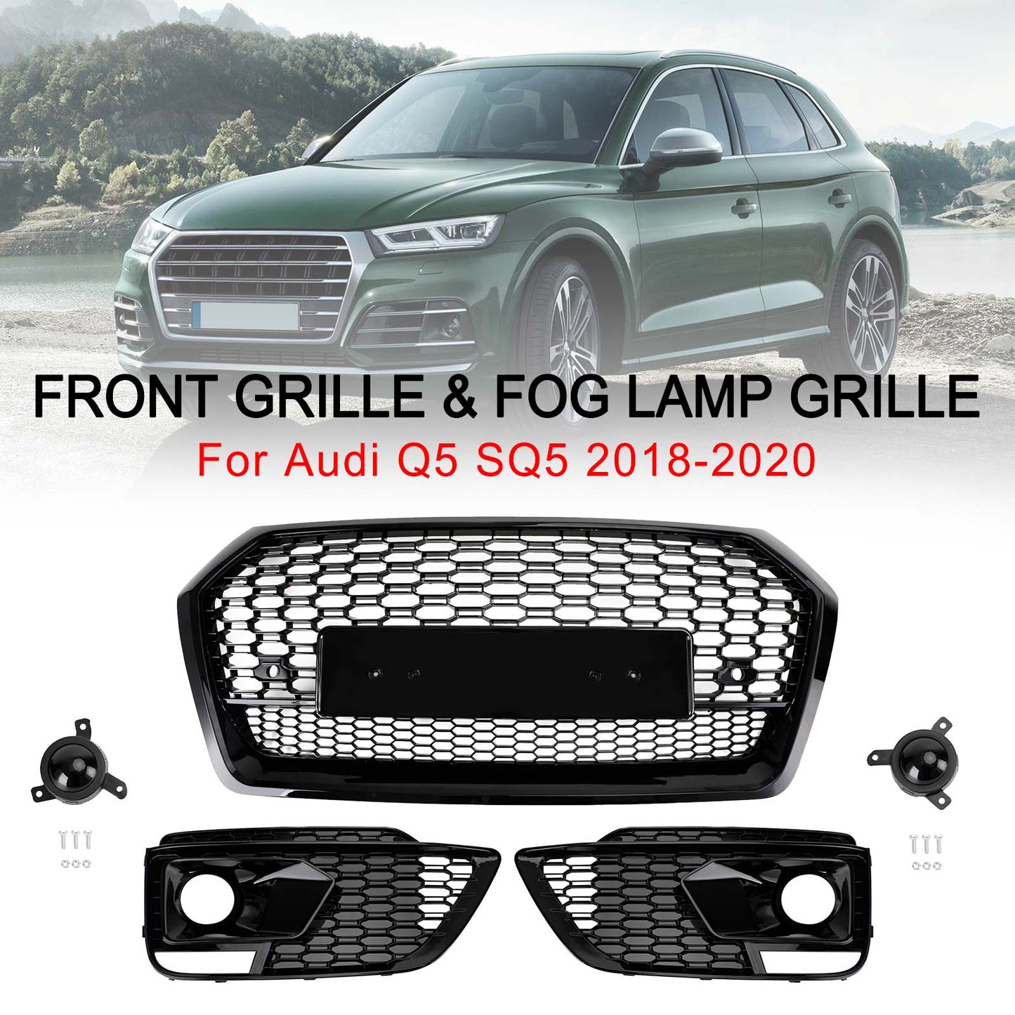 2018-2020 Audi Q5 SQ5 RSQ5 Front Honeycomb Mesh Grill + Fog Lamp Grille