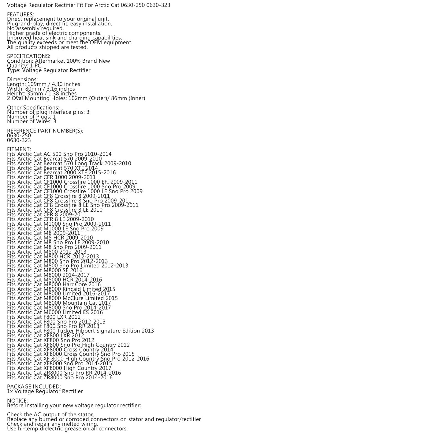 Regulator Voltage Rectifier Fit for Arctic Cat 0630-250 0630-323 Snowmobile