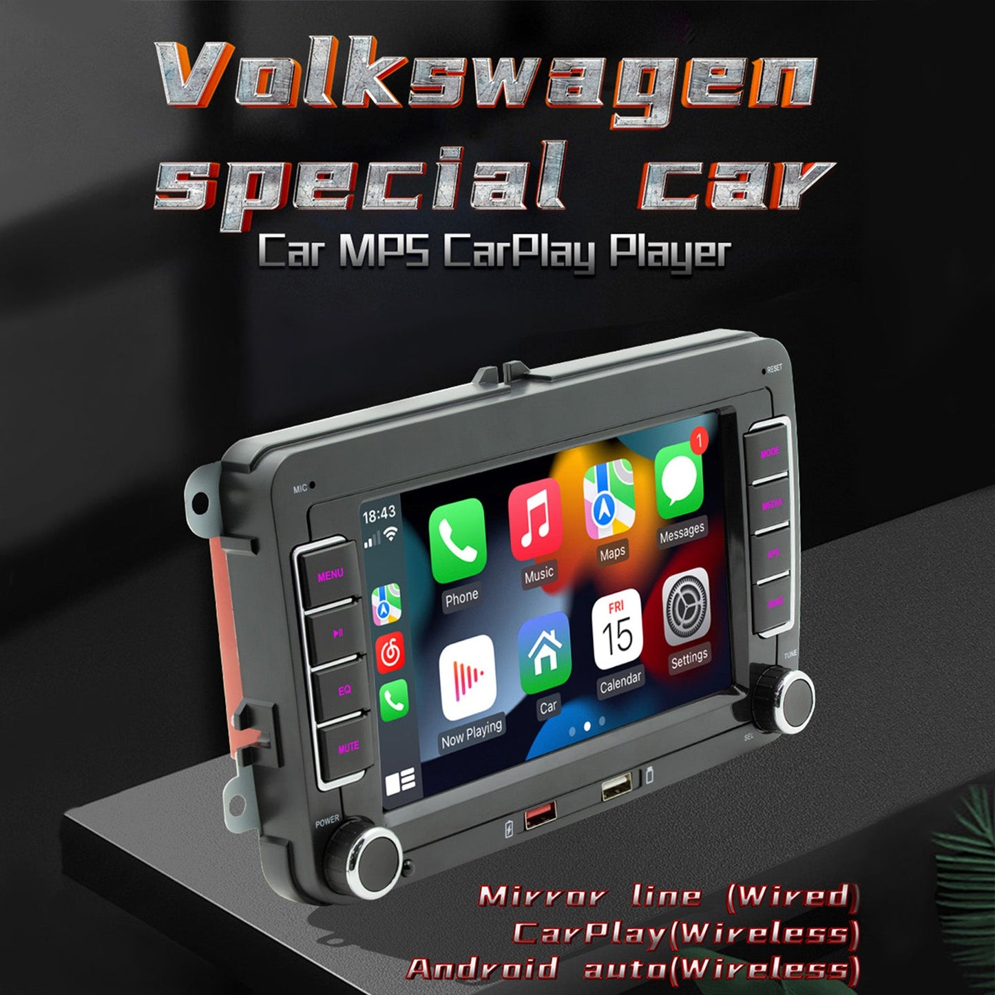 7" Car MP5 Player Volkswagen Car Bluetooth Radio Wireless Carplay + 4 LED Camera