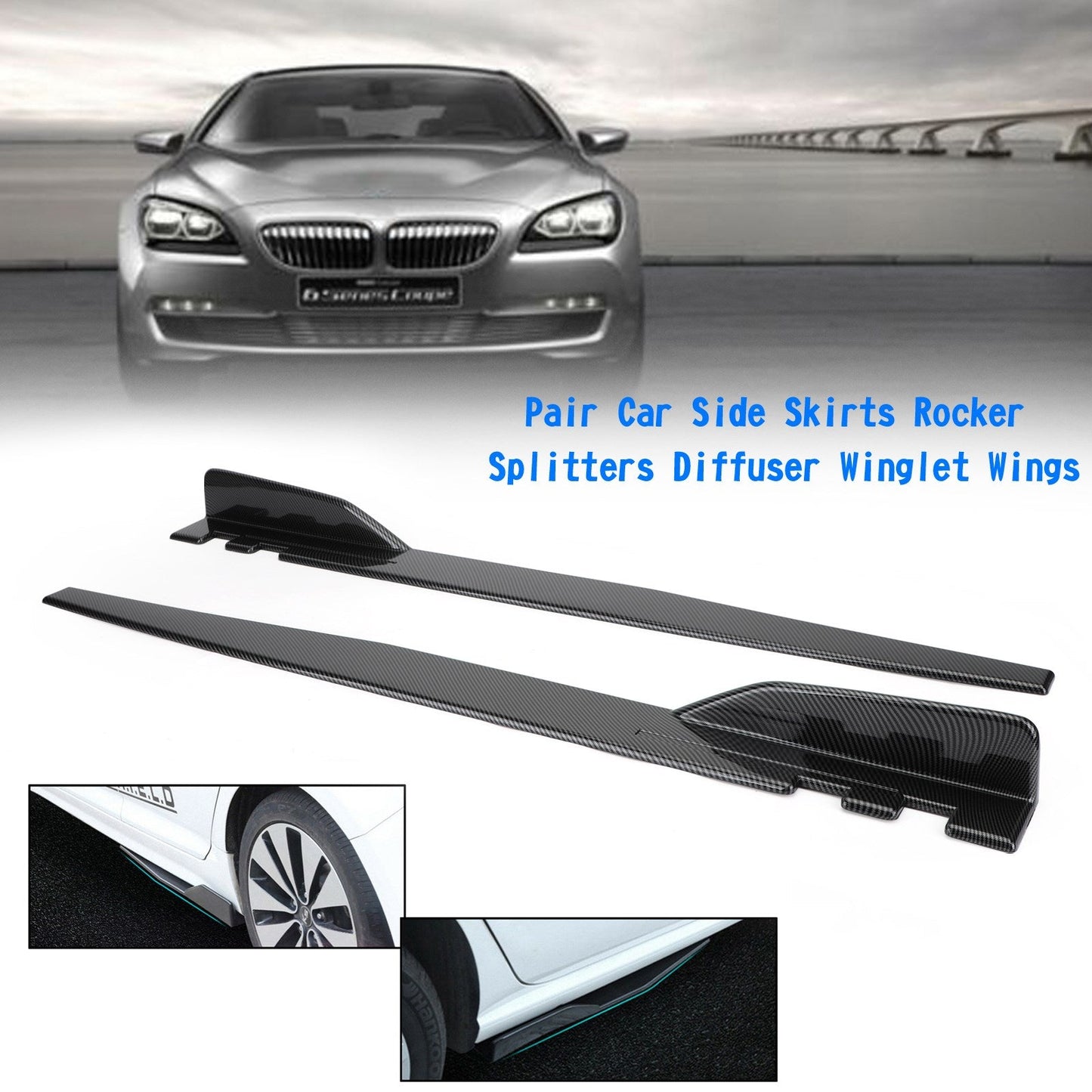 Pair 120cm Car Carbon Fiber Side Skirts Rocker Splitters Diffuser Winglet Wings
