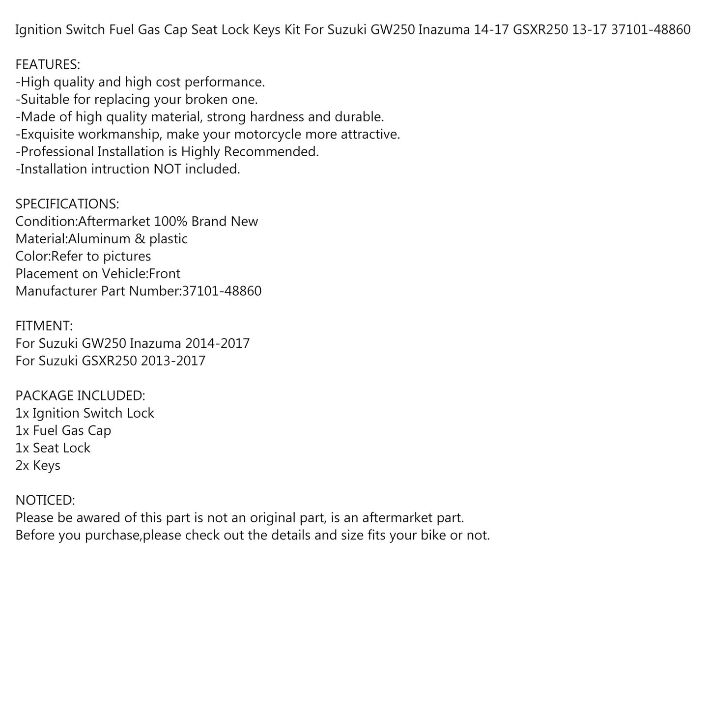 Ignition Switch Fuel Gas Cap Seat Lock Keys Kit Fit For Suzuki GW250 Inazuma 14-17 GSXR250 13-17 37101-48860