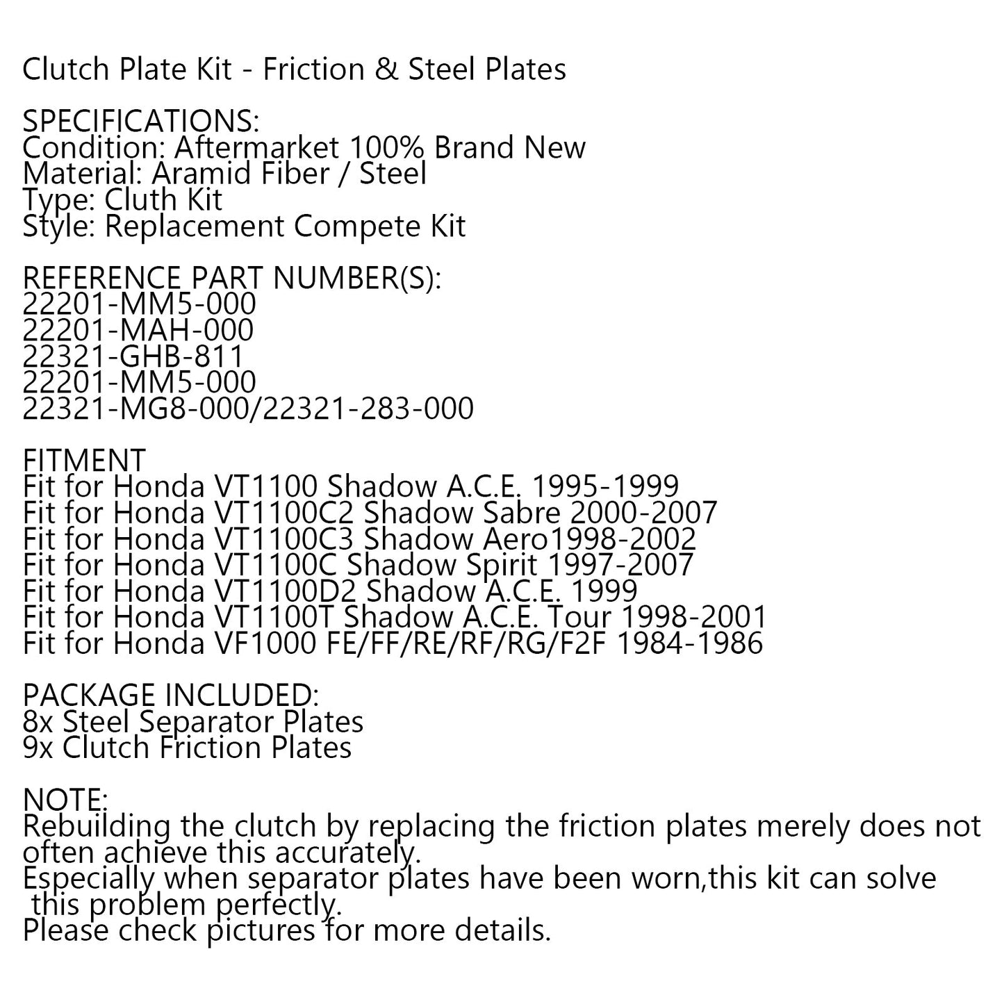 Clutch Plate Kit - Friction & Steel Plates For Honda VT1100 VT1100C VT1100C2 VT1100C3 Shadow VT1100D2 VT1100T Shadow A.C.E VF1000 FE/FF/RE/RF/RG/F2F