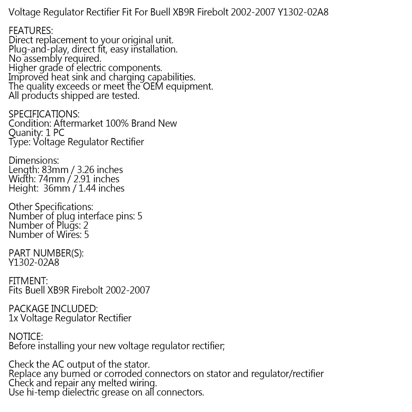 Voltage Regulator Rectifier for Buell XB9R Firebolt 2002-2007 #Y1302-02A8