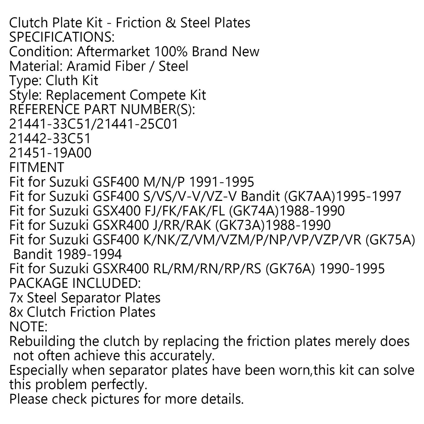 Clutch Plate Kit - Friction & Steel Plates For Suzuki GSF400 M/N/P/S/VS/V-V/VZ-V Bandit GSX400 FJ/FK/FAK/FL GSXR400 J/RR/RAK/RL/RM/RN/RP/RS GSF400 K/NK/Z/VM/VZM/P/NP/VP/VZP/VR