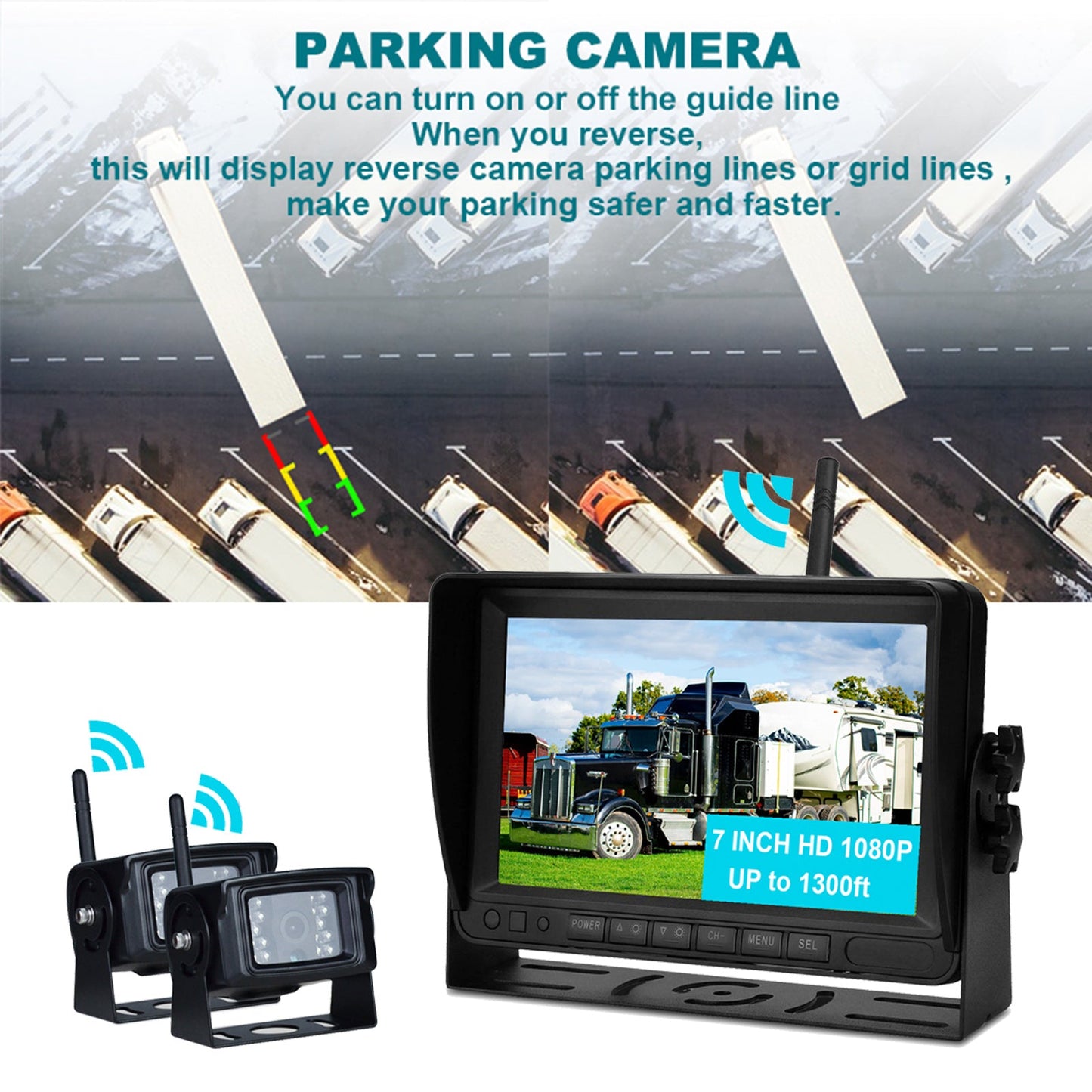 7" Display AHD 1080P Wireless 2CH Rear View Backup Camera Kit for Truck Trailer