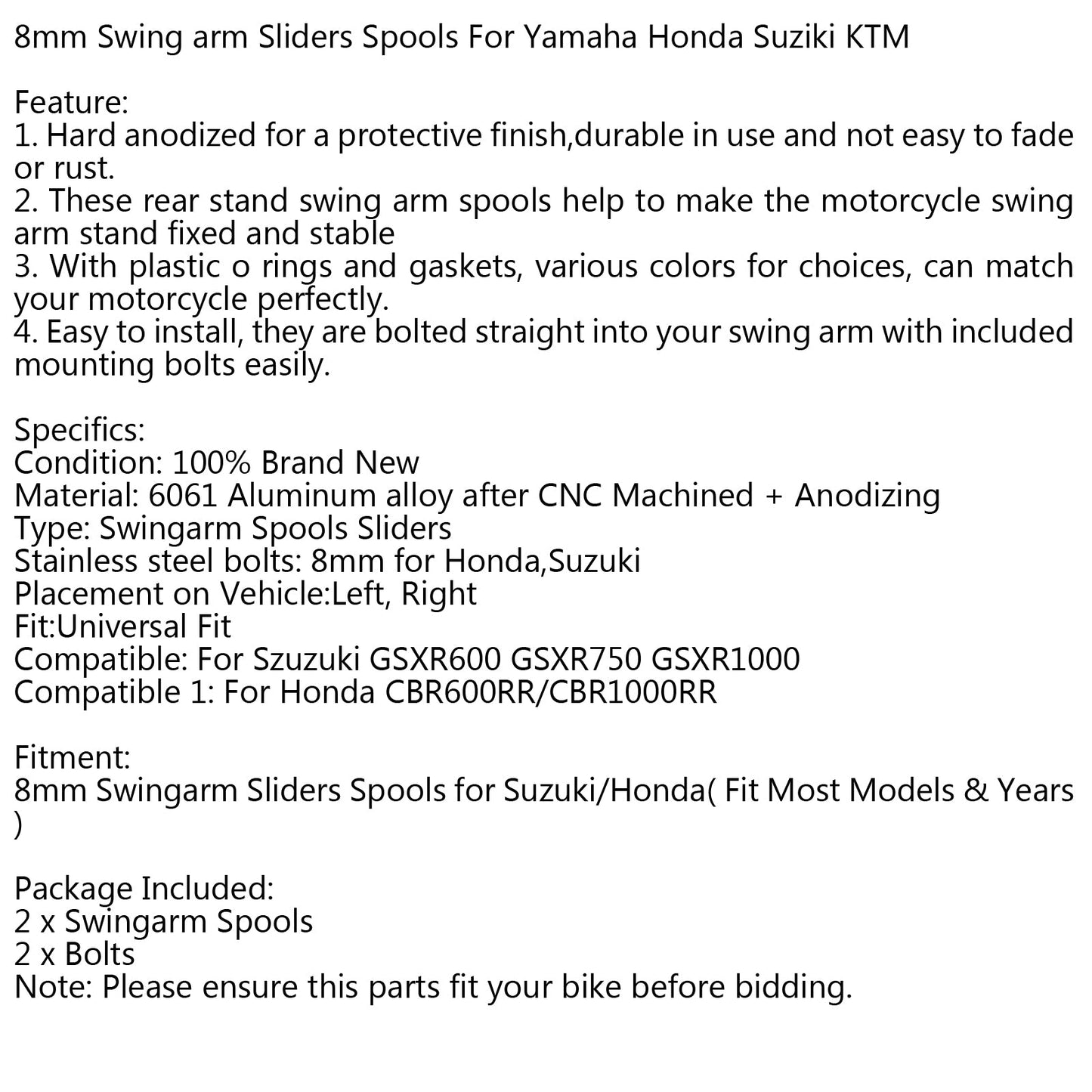 1Pair 8mm Moto CNC Swingarm Swing Arm Spools Spool Sliders For Suzuki Honda Blue