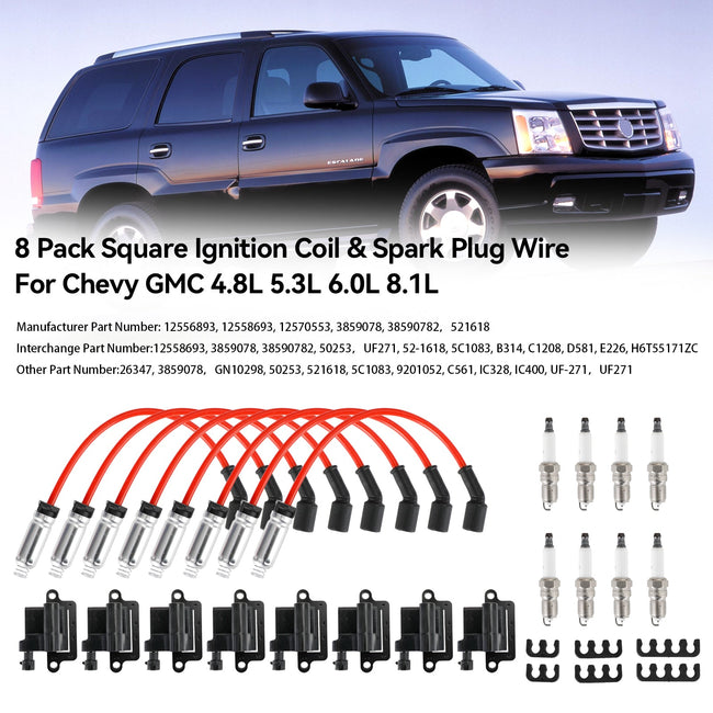 2003-2004 Chevrolet Express 3500 Sonora SSR Trailblazer GMC Envoy 8 Pack Square Ignition Coil & Spark Plug Wire