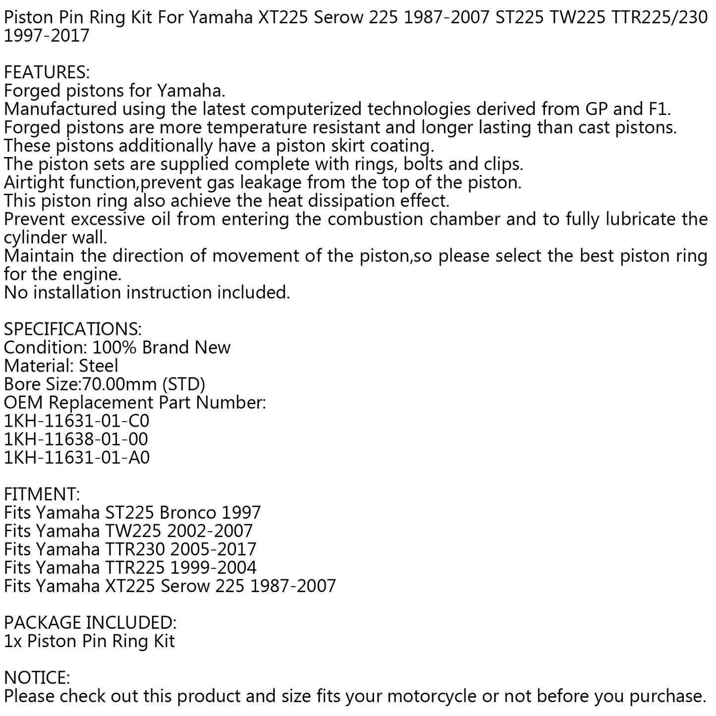 STD 70.00mm 1KH-11631-01-A0 Piston Kit Fits Yamaha XT225 XT 225 1987-2007