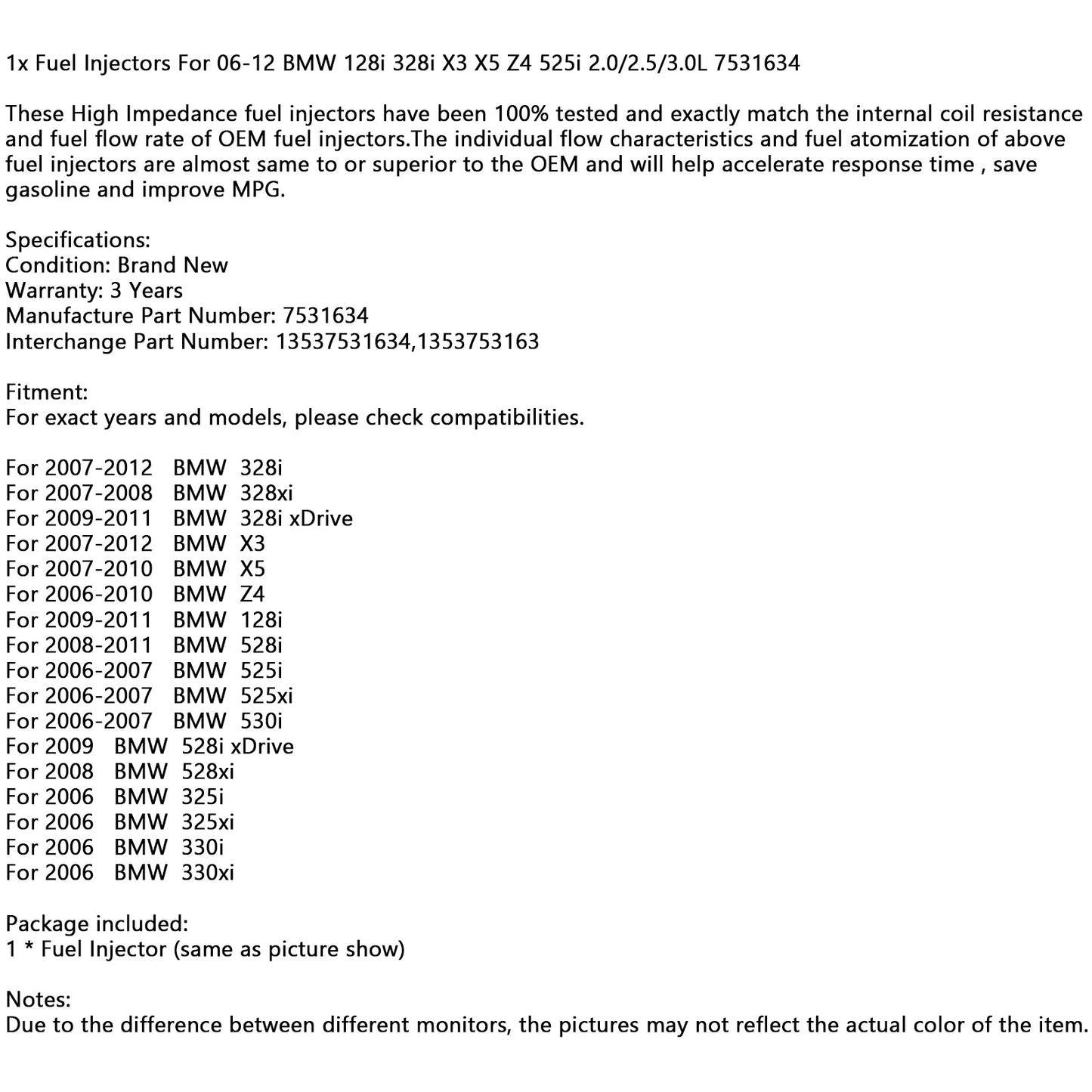 1x Fuel Injectors For 06-12 BMW 128i 328i X3 X5 Z4 525i 2.0/2.5/3.0L 13537531634