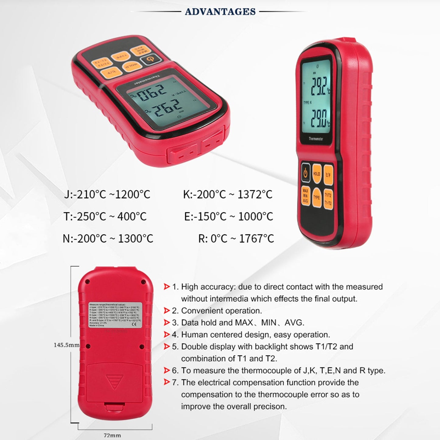 Digital Dual Channel Thermometer With 2 K-Type Thermocouple Sensor Tester