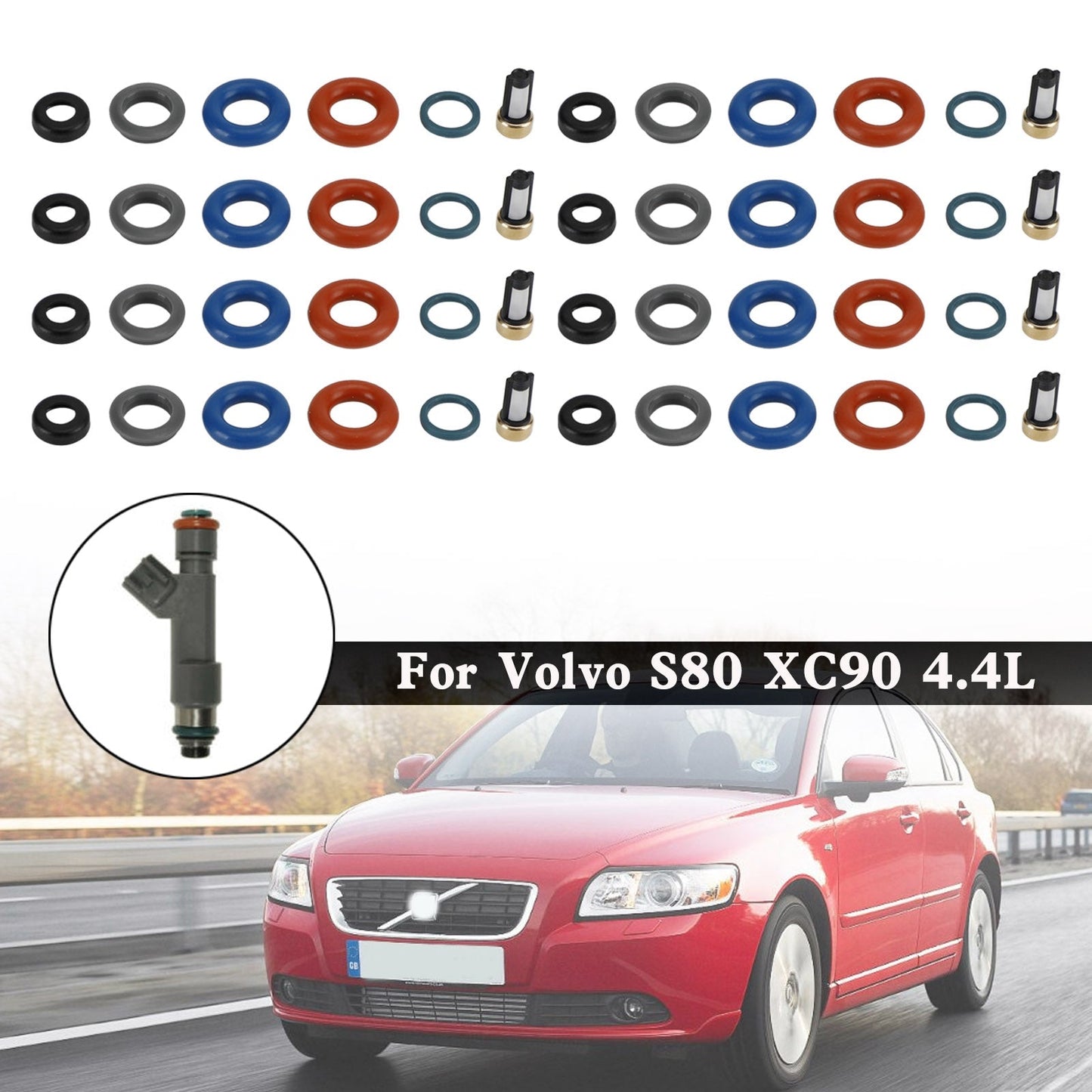 Volvo S80 XC90 4.4L 8PCS Fuel Injectors Repair Seal Kit Filter Cap FJ1073 85212247 1550589 86536080 024078918 55559397 1581552