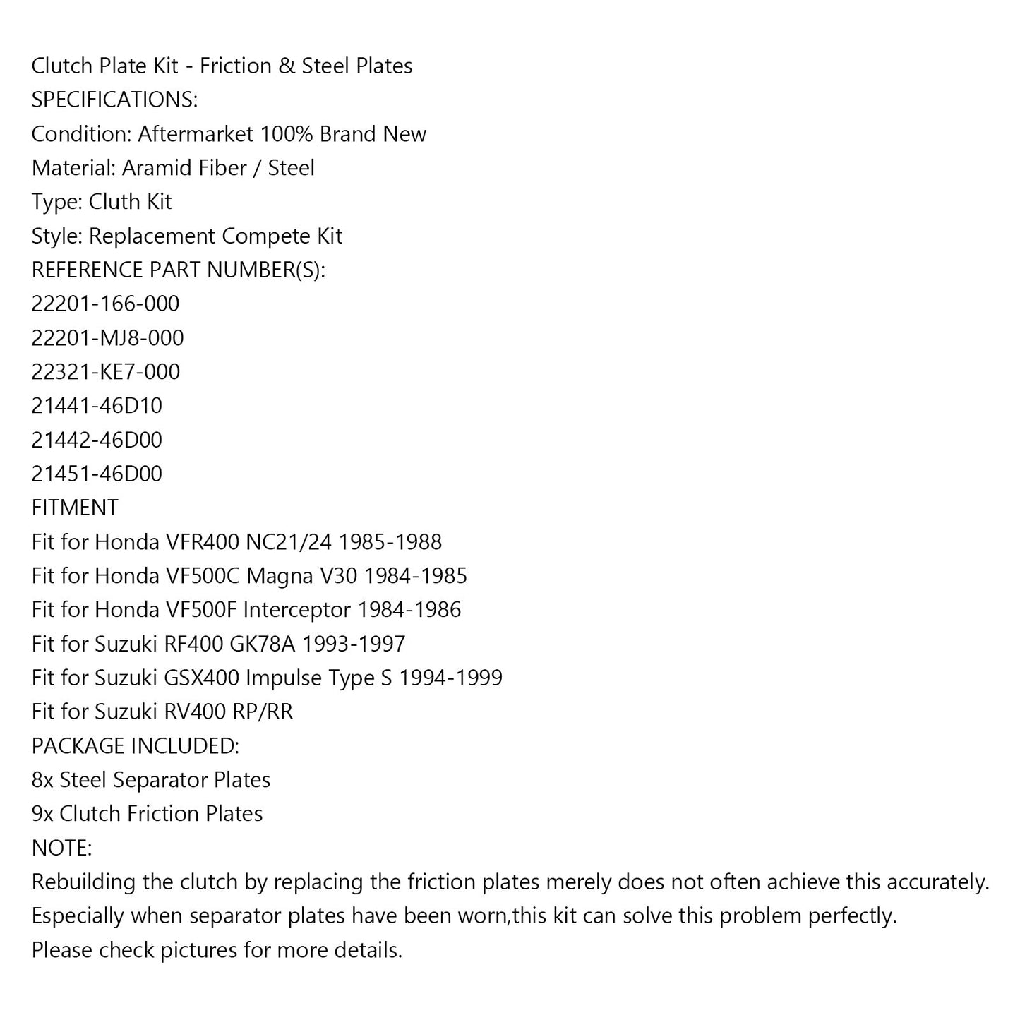 Clutch Plate Kit - Friction & Steel Plates For Honda VFR400 NC21/24 VF500C Magna V30 VF500F Interceptor